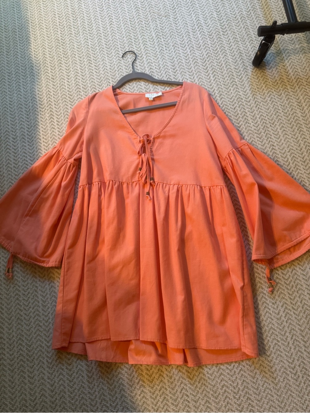 Zara Coral Lace-Up Mini Dress with Bell Sleeves
